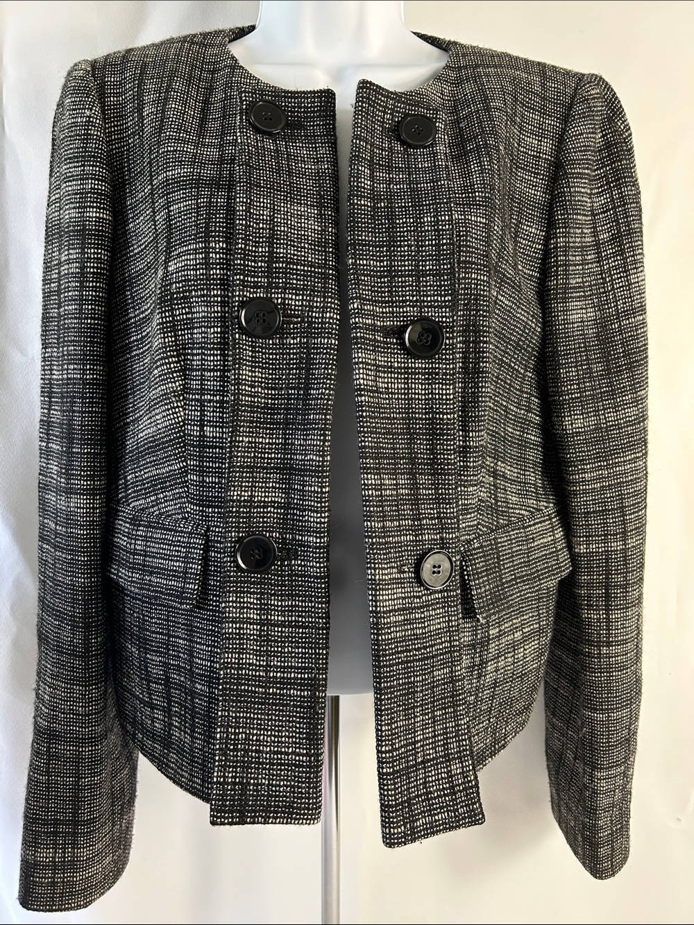 DKNY Black White Textured Pattern Open Front Faux Button Crop Lined Blazer Top